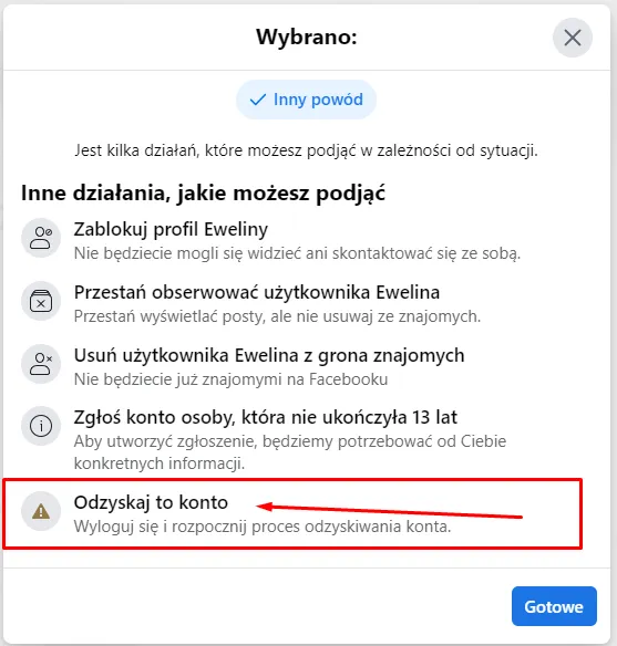 odzyskiwanie konta na facebooku krok 2